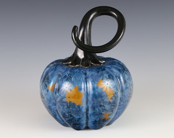 DISCOUNTED - Crystalline Blue on Orange Ceramic Pumpkin with Black Stem #8268