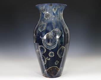 Crystalline Blue Black Gold on Blue Black Fade with Oil Spotting Vase #8395