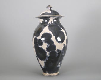 Crystalline Dark Grey Black on Off White Lidded Jar / Urn #8614