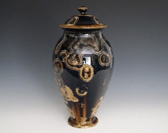 Crystalline Yellow on Black Brown Fade Lidded Jar #8358
