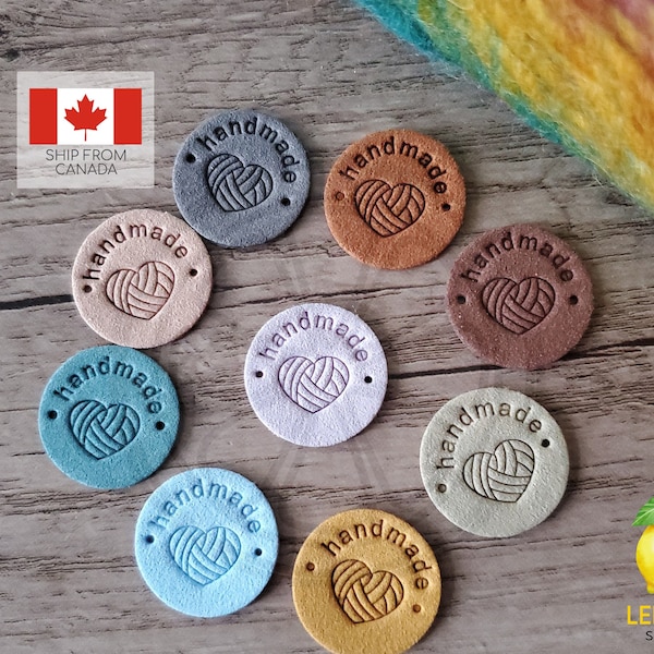 Handmade Tags for Handmade Items, Crochet Knitting Sewing Labels with Yarn Heart, Faux Suede Labels, Round Tags, Made with Love Tags