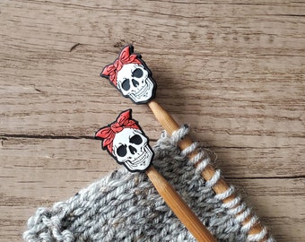 Skull Bandana Knitting Needle Stitch Stoppers / Halloween Point Protectors / Knitting Notions / Stitch Holders / Knitting Tools Accessories