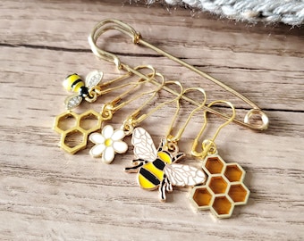 Bee Stitch Markers Set / Bee Progress Keepers / Knitting Notions / Crochet Markers / Bee Charms / Amigurumi Tools