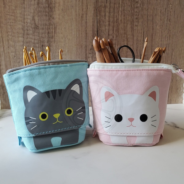 Crochet Hook Case, Crochet Hook Holder, Crochet Hook Storage, Crochet Hook Travel Case, Crochet Accessories, Stand Up Pouch Cat Pencil Case