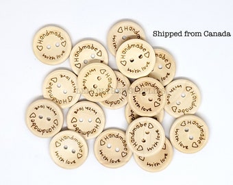 Delicate 2 Holes Handmade with Love Wooden Button for Sewing Scrapbooking Diameter:15MM 50 Pcs Natural Wooden Buttons