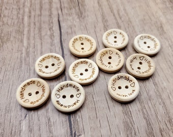 Wood Buttons, Wooden Buttons, Handmade with Love Buttons, 15mm/20mm/25mm, Pack of 20, Sewing Buttons