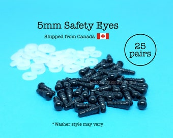 5mm Black safety eyes - 25 pairs, eyes for stuffed toys and animals, animal eyes, doll eyes, plastic eyes