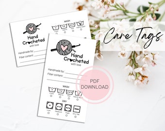 Printable Care Tags for Handmade Items, Crochet Care Tags, DIGITAL DOWNLOAD, Laundry Care Tags, Hand Crocheted Care Tags