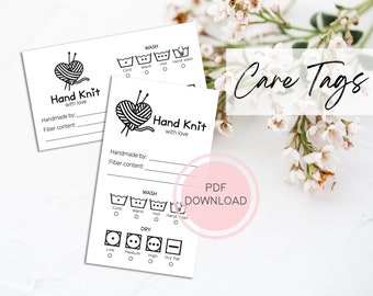 Printable Care Cards for Knitted Items, Care Tags for Handmade Items, Downloadable Care Tags, Hand Knit Tags, Handmade Clothing Tags