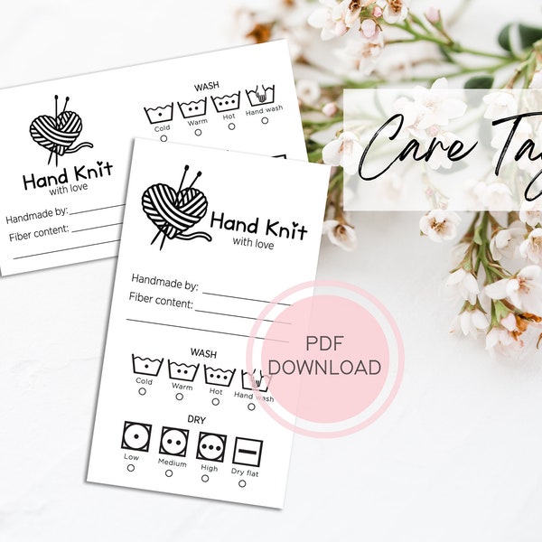 Printable Care Cards for Knitted Items, Care Tags for Handmade Items, Downloadable Care Tags, Hand Knit Tags, Handmade Clothing Tags