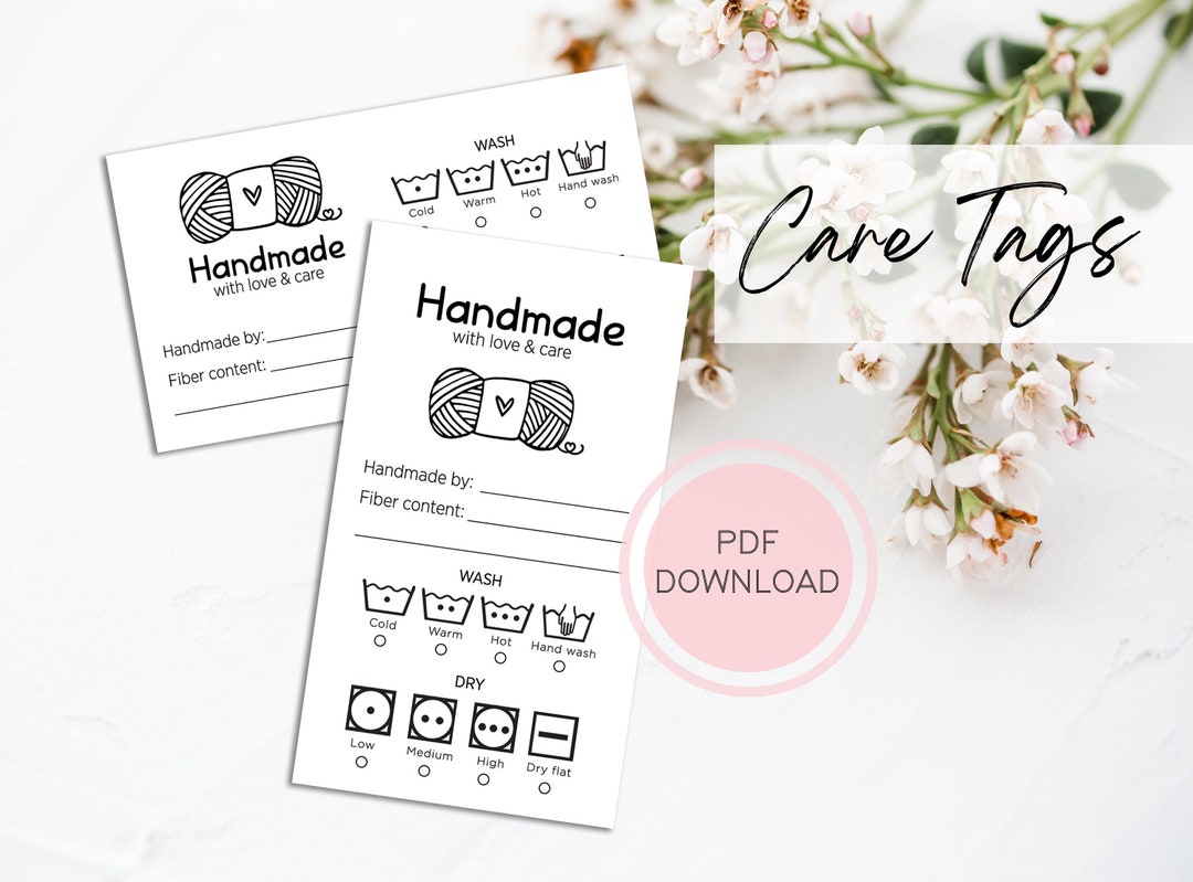 PRINTABLE Handmade Care Tags for Handmade Items, Hand Knit Care Tags ...