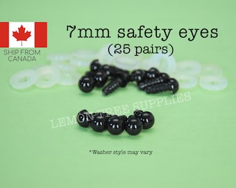 7mm Black safety eyes - 25 pairs, eyes for stuffed toys and animals, animal eyes, doll eyes, plastic eyes