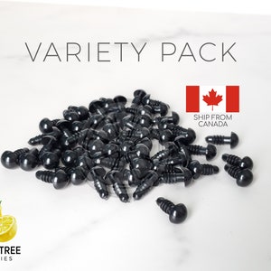 May include: A variety pack of black plastic safety eyes for crafts. The eyes are assorted sizes and have a black plastic shank. The eyes are scattered on a white surface.  The text "VARIETY PACK" is at the top of the image.