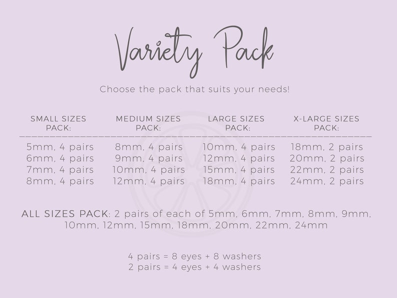 May include: A chart showing different sizes of eyelet packs for jewelry making. The chart lists the sizes in millimeters and the number of pairs included in each pack. The chart also includes a note that 4 pairs equals 8 eyes and 8 washers, and 2 pairs equals 4 eyes and 4 washers.