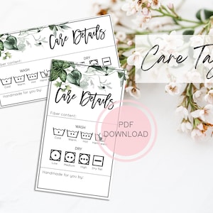 PRINTABLE Care Instructions Card, Care Tags for Handmade Items, Laundry Tags, Garment Tags, Greenery Care Cards, DIGITAL DOWNLOAD