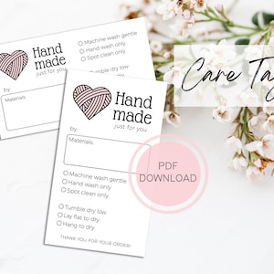 PRINTABLE Care Cards for Handmade Items, DOWNLOADABLE Care Tags, Laundry Tags for Clothing and Hats, Knit or Crochet Care Instructions Card