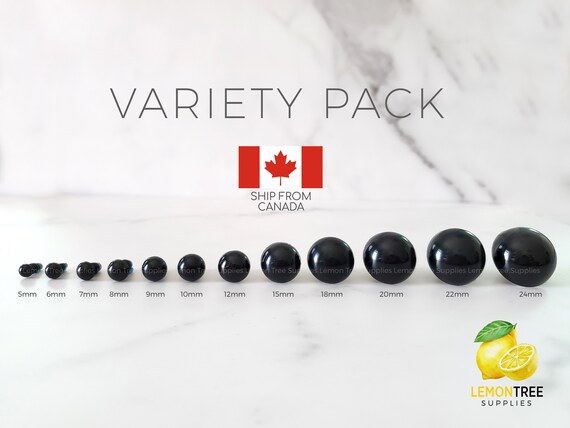 Black Oval Safety Eyes Sample Pack - 6mm - 12mm, 5 pairs each size
