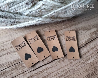 May include: Four brown paper gift tags with black text and a heart shape. The tags read "Made with Love".