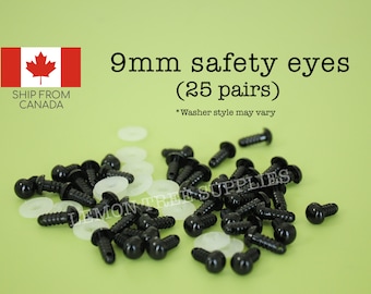 9mm Black safety eyes  - 25 pairs, eyes for stuffed toys and animals, animal eyes, doll eyes, plastic eyes