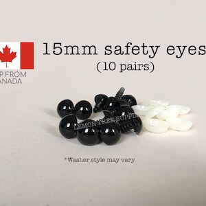 May include: Black plastic safety eyes for crafts, measuring 15mm in diameter. The package includes 10 pairs of eyes and white plastic washers.  *Washer style may vary*.