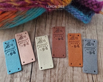 Bee Handmade with Love Tags for Crochet Knitting Sewing, Handmade Labels for Handmade Items, Faux Suede, Tags for Handmade Items