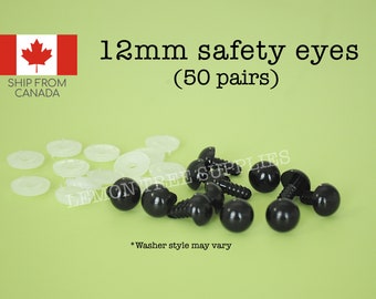 12mm Black safety eyes  - 50 pairs, eyes for stuffed toys and animals, animal eyes, doll eyes, plastic eyes, amigurumi eyes