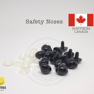 Puede incluir: Un conjunto de narices de seguridad negras para manualidades, con arandelas blancas. La imagen incluye el texto "Safety Noses" y una bandera canadiense. El producto es de LemonTree Supplies.