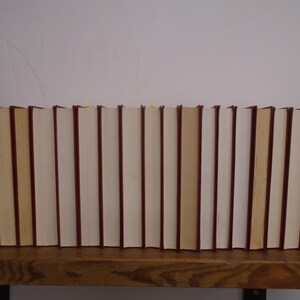 May include: A row of eighteen hardcover books arranged vertically with their spines facing away from the viewer. The books feature dark red spine edges and cream-colored pages, creating a uniform appearance across the entire collection.
