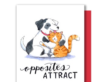 Opposites Attract Cat Dog Hugging Valentine Love Card