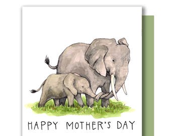 Carte éléphant pour la fête des mères : maman et bébé aquarelles