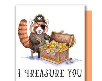 I Treasure You Red Panda Pirate Treasure Chest Valentine Love Card