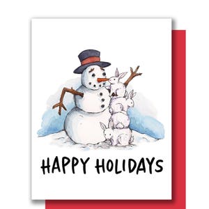 Felices Fiestas Snowman Bunnies Tarjeta de Navidad