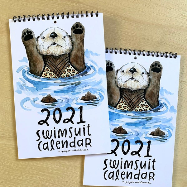 2021 Swimsuit Calendar Cute Animals Watercolor Funny Illustrated Wall Calendar