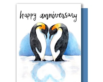 Happy Anniversary Penguins Heart Shadow Love Card