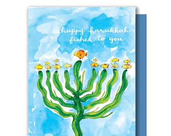 Hanukkah Wishes Fish Menorah Happy Hanukkah Chanukah Card