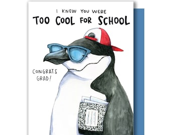 Penguin Graduation Card, Congrats Grad Watercolor Illustration