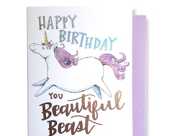 Happy Birthday You Beautiful Beast Unicorn Bday Holographic Glitter Foil Card