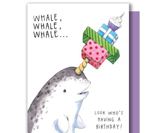 Narwhal Birthday Card: Watercolor Whale with Gifts