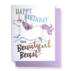 Biglietto di auguri di buon compleanno, bella bestia, unicorno, olografico, con glitter