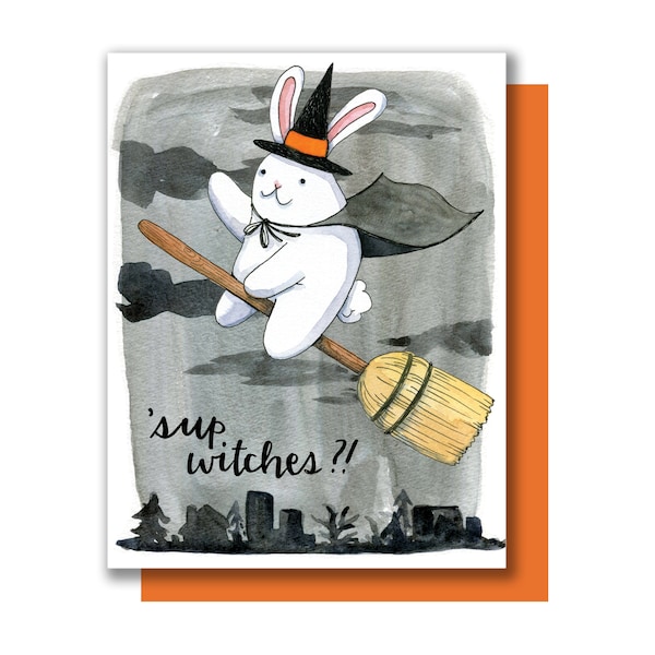 Happy Halloween What's Up Witches Bunny Witch Greeting Card