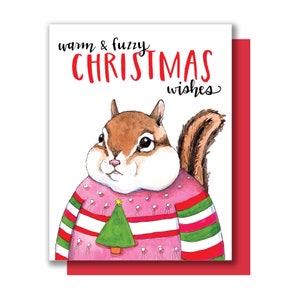 Cálidos y difusos deseos de Navidad Ardilla Suéter de Navidad Feliz Navidad Tarjeta