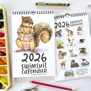 2026 Swimsuit Calendar Cute Animals Watercolor Funny Illustrated Wall Calendar