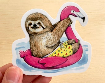 Sloth on Flamingo Float Vinyl Sticker, Die Cut Decal
