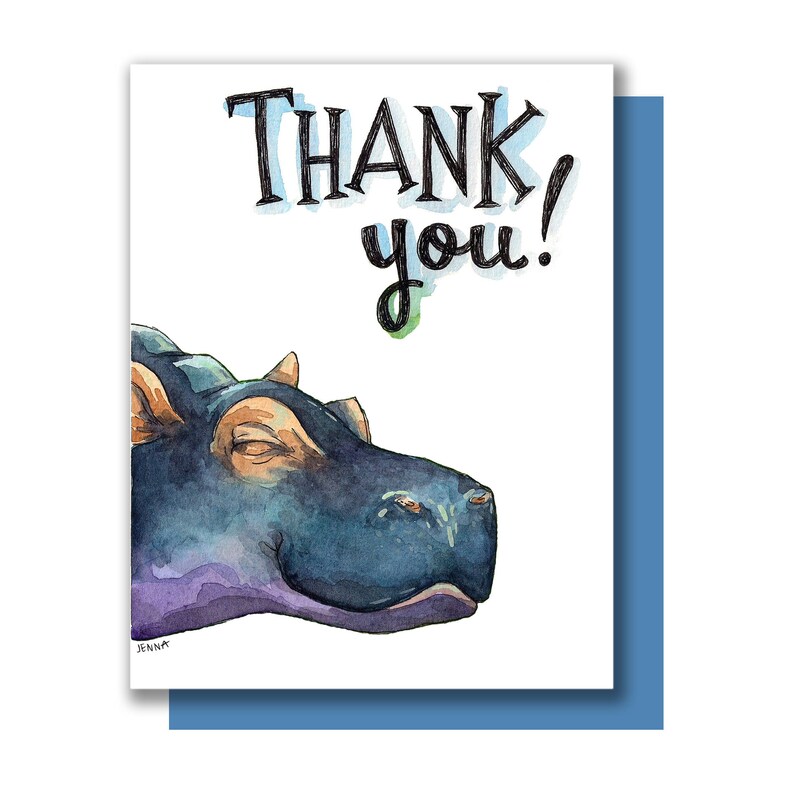 Pode incluir: Uma ilustra&ccedil;&atilde;o em aquarela de um hipop&oacute;tamo azul e roxo com os olhos fechados. O texto "Thank you!" est&aacute; escrito em preto acima do hipop&oacute;tamo.
