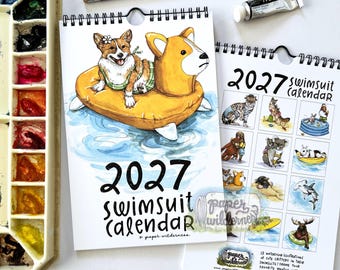 2027 Swimsuit Calendar Animals Watercolor Funny Illustrated Wall Calendar