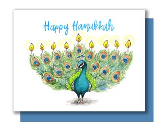 Happy Hanukkah Peacock Menorah Holiday Card