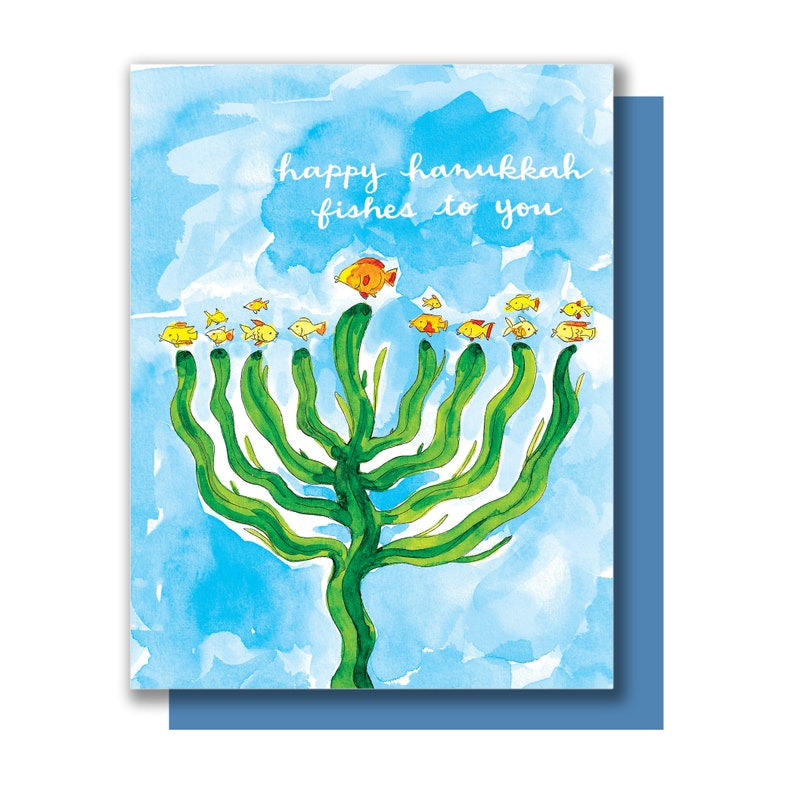 Hanukkah Wishes Fish Menorah Happy Hanukkah Chanukah Card image 1