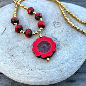 Red Coral Czech Glass Flower Gold Bead Necklace