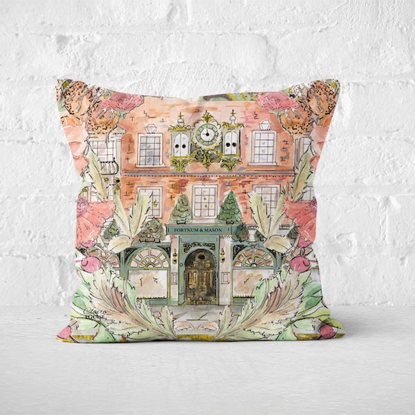 Fortnum and mason in bloom cushion, floral, tourist, London Shop window