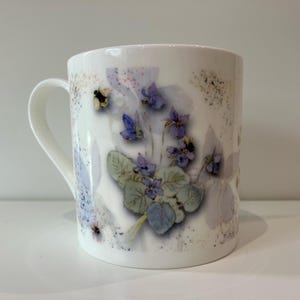 Morning Glories Floral Fine Bone China Mug, Painterly blue flowers,bees